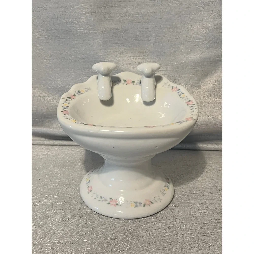 Vintage Ceramic Pedestal Sink Soap Dish Floral Miniature Trinket Bowl White